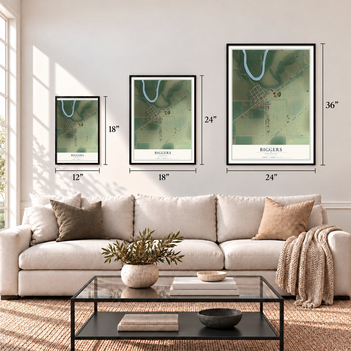 Biggers, Arkansas map in 12 x 18, 18 x 24 and 24 x 36 inch sizes above a sofa