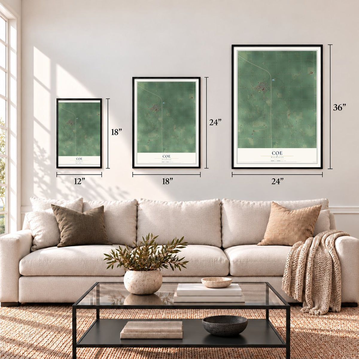 Coe, Michigan map in 12 x 18, 18 x 24 and 24 x 36 inch sizes above a sofa