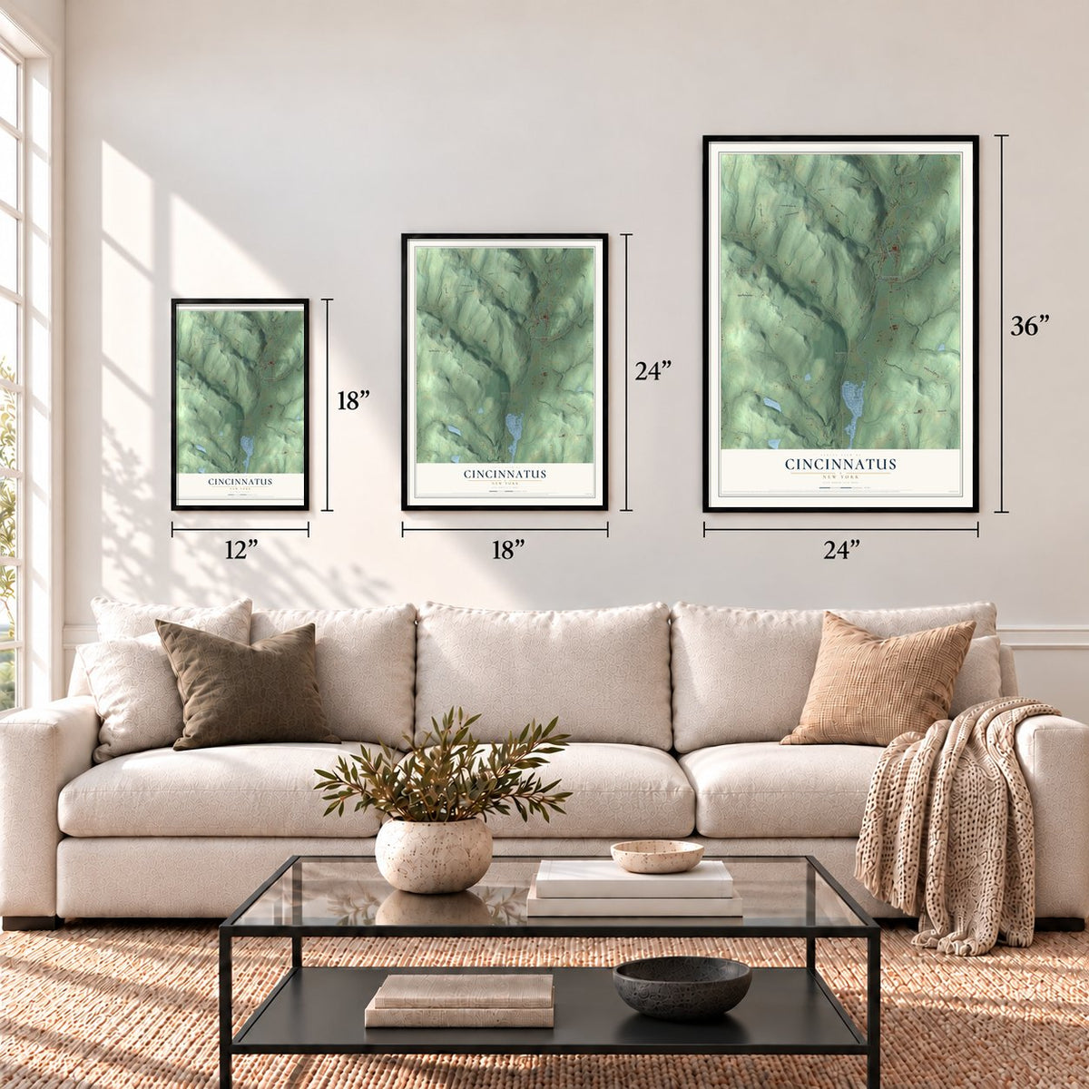 Cincinnatus, New York map in 12 x 18, 18 x 24 and 24 x 36 inch sizes above a sofa