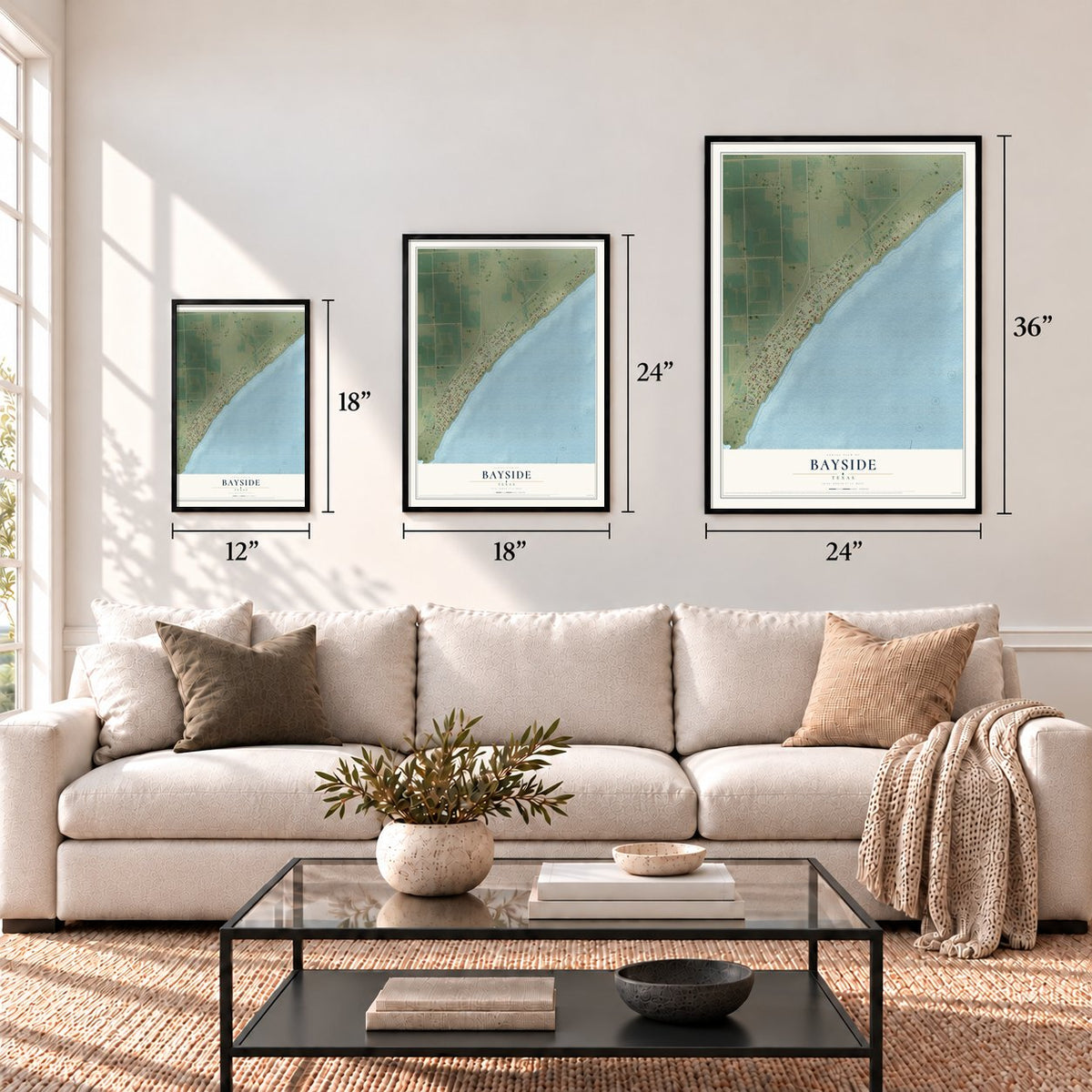 Bayside, Texas map in 12 x 18, 18 x 24 and 24 x 36 inch sizes above a sofa