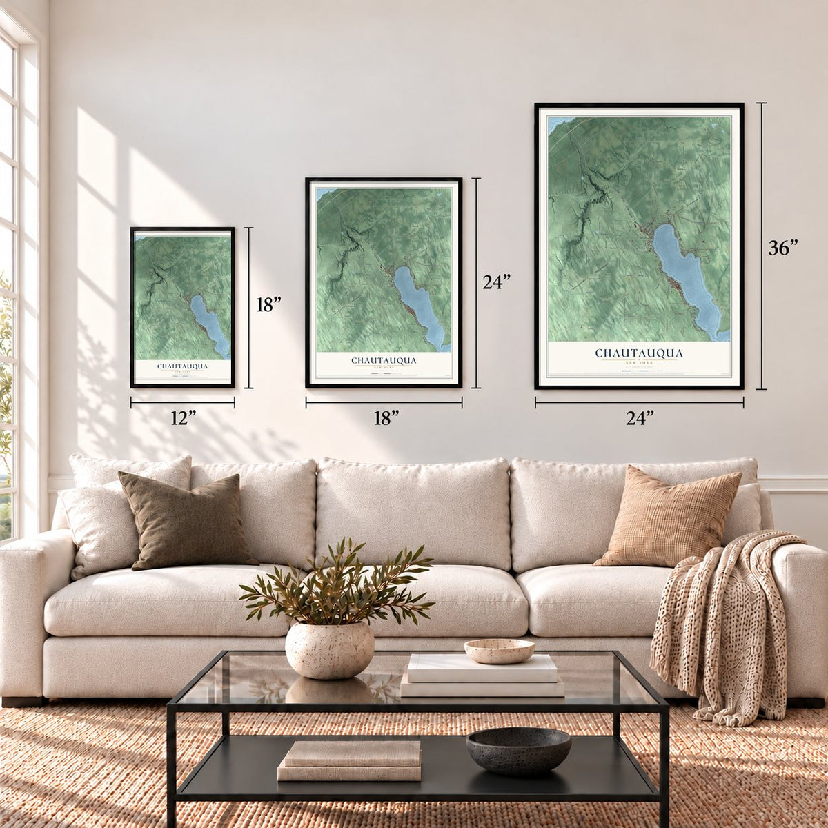 Chautauqua, New York map in 12 x 18, 18 x 24 and 24 x 36 inch sizes above a sofa