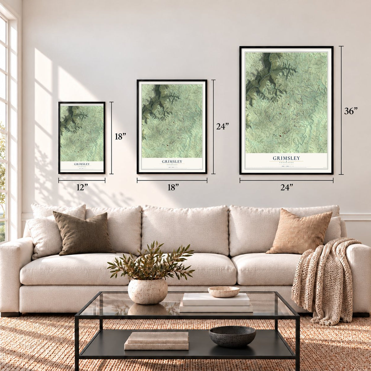 Grimsley, Tennessee map in 12 x 18, 18 x 24 and 24 x 36 inch sizes above a sofa