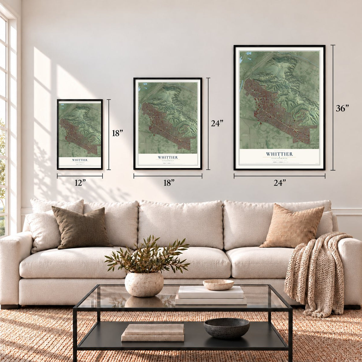 Whittier, California map in 12 x 18, 18 x 24 and 24 x 36 inch sizes above a sofa