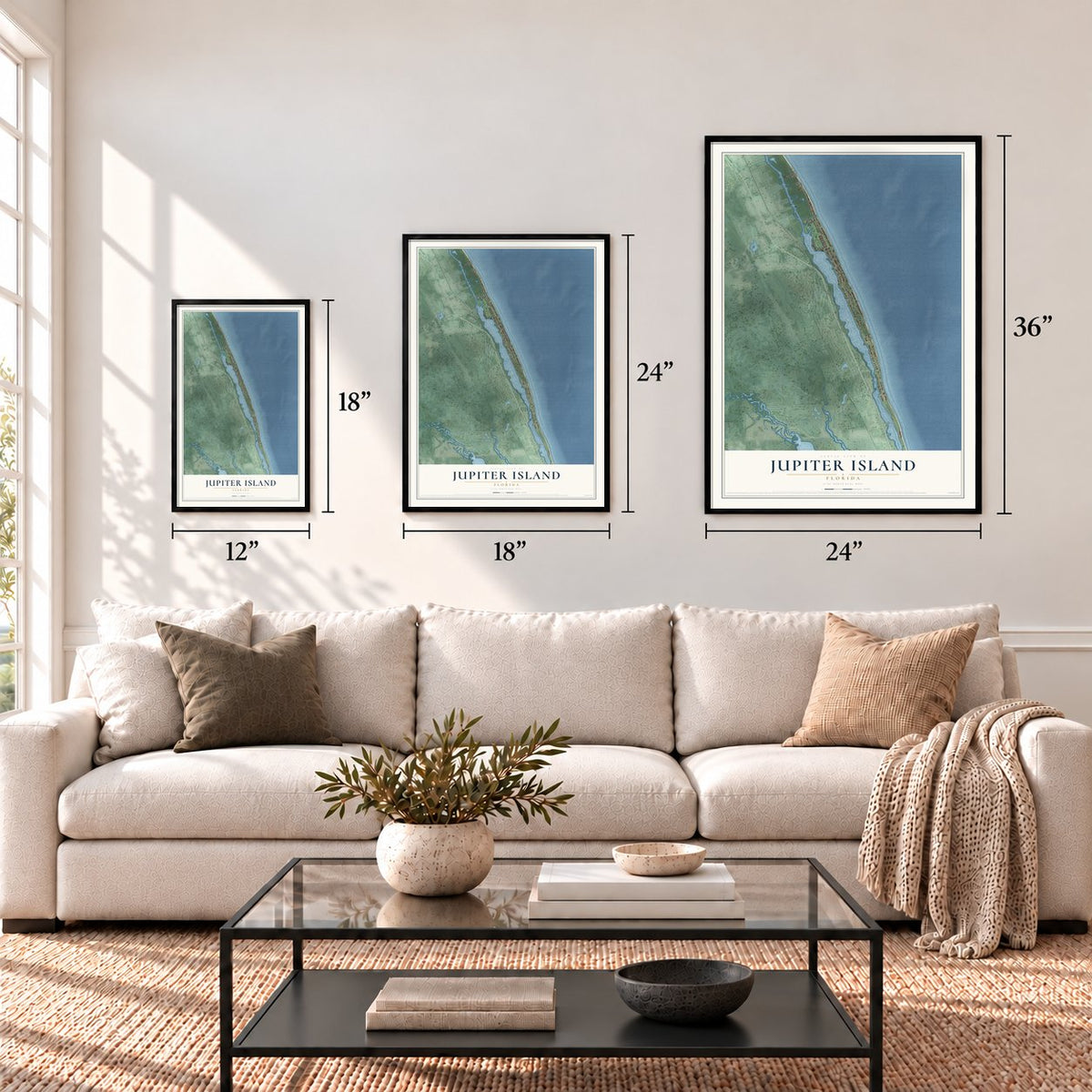 Jupiter Island, Florida map in 12 x 18, 18 x 24 and 24 x 36 inch sizes above a sofa