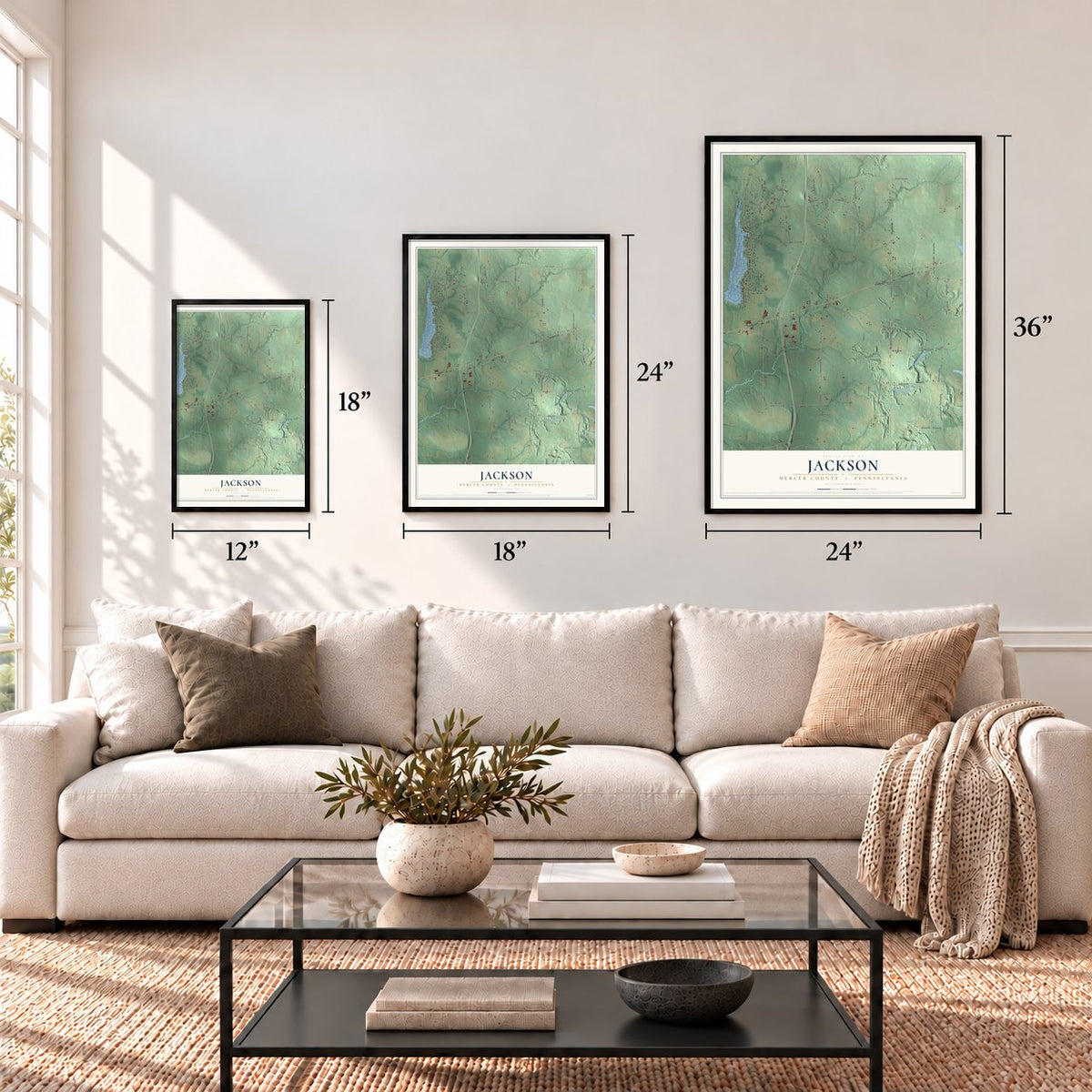 Jackson, Mercer County, Pennsylvania map in 12 x 18, 18 x 24 and 24 x 36 inch sizes above a sofa