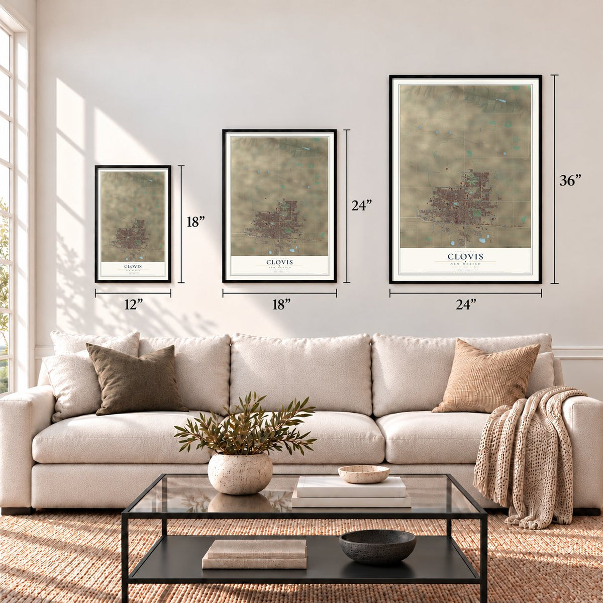 Clovis, New Mexico map in 12 x 18, 18 x 24 and 24 x 36 inch sizes above a sofa