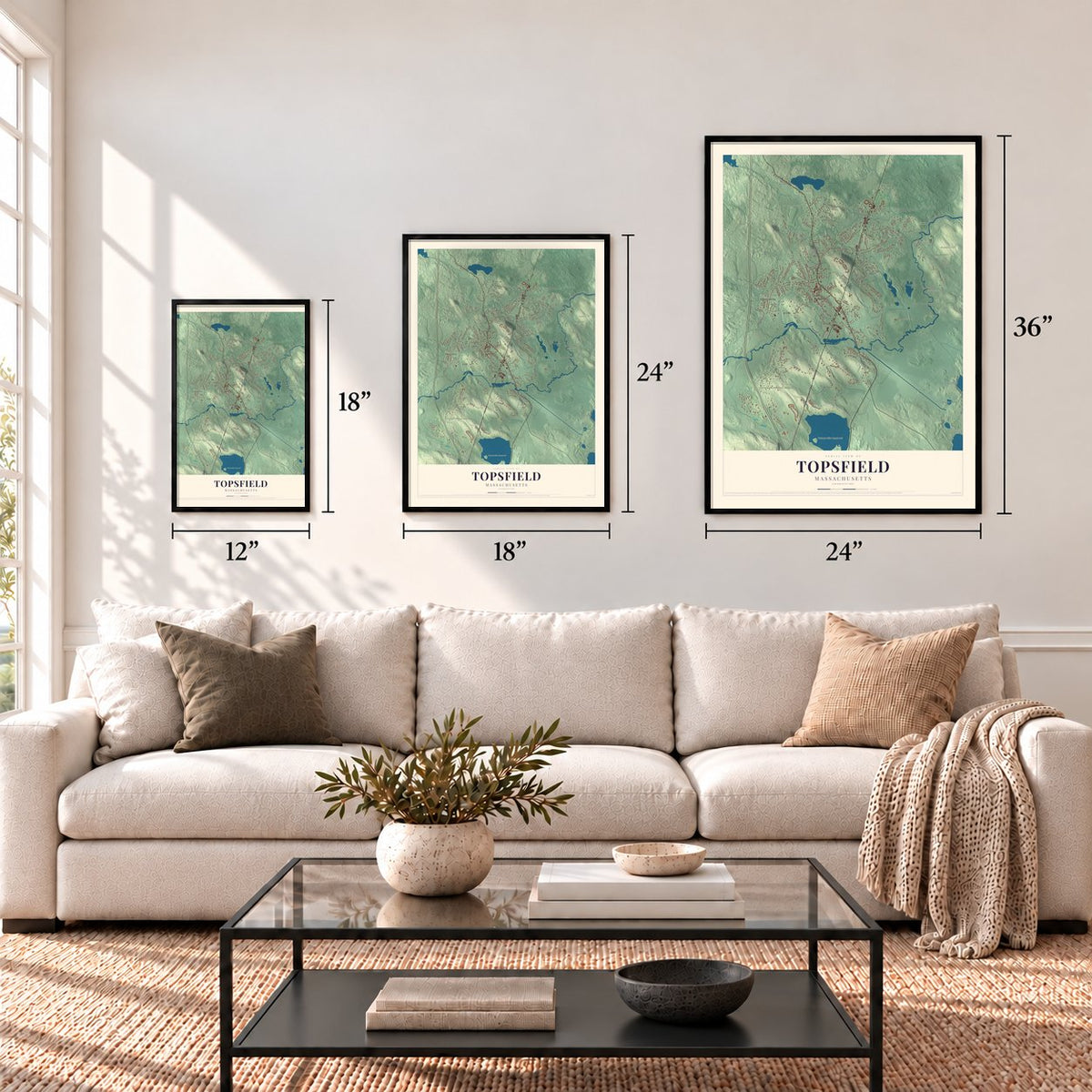 Topsfield, Massachusetts map in 12 x 18, 18 x 24 and 24 x 36 inch sizes above a sofa