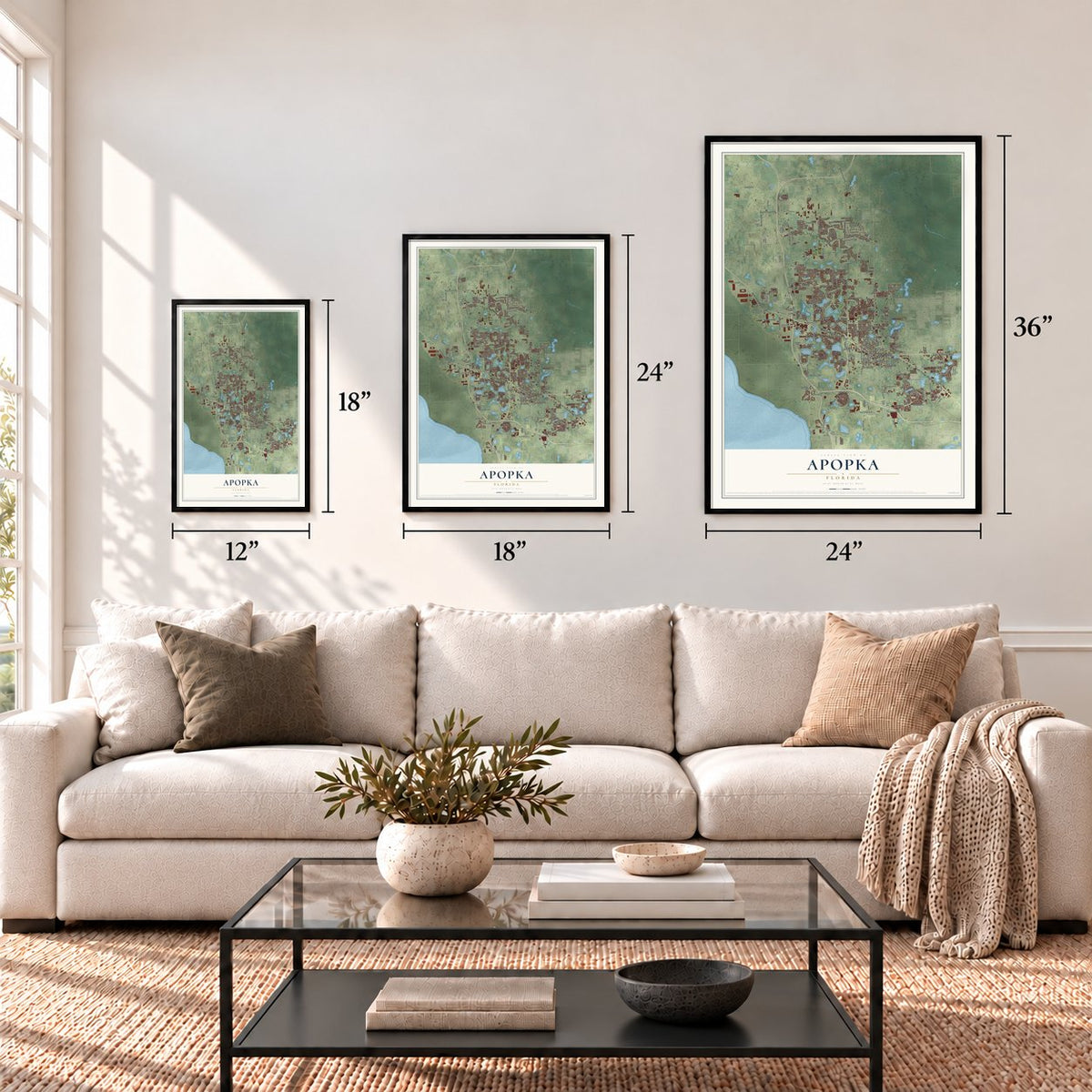 Apopka, Florida map in 12 x 18, 18 x 24 and 24 x 36 inch sizes above a sofa