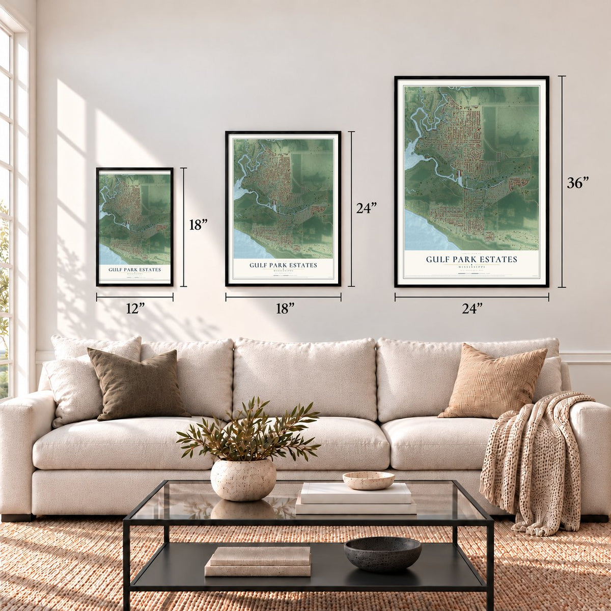 Gulf Park Estates, Mississippi map in 12 x 18, 18 x 24 and 24 x 36 inch sizes above a sofa