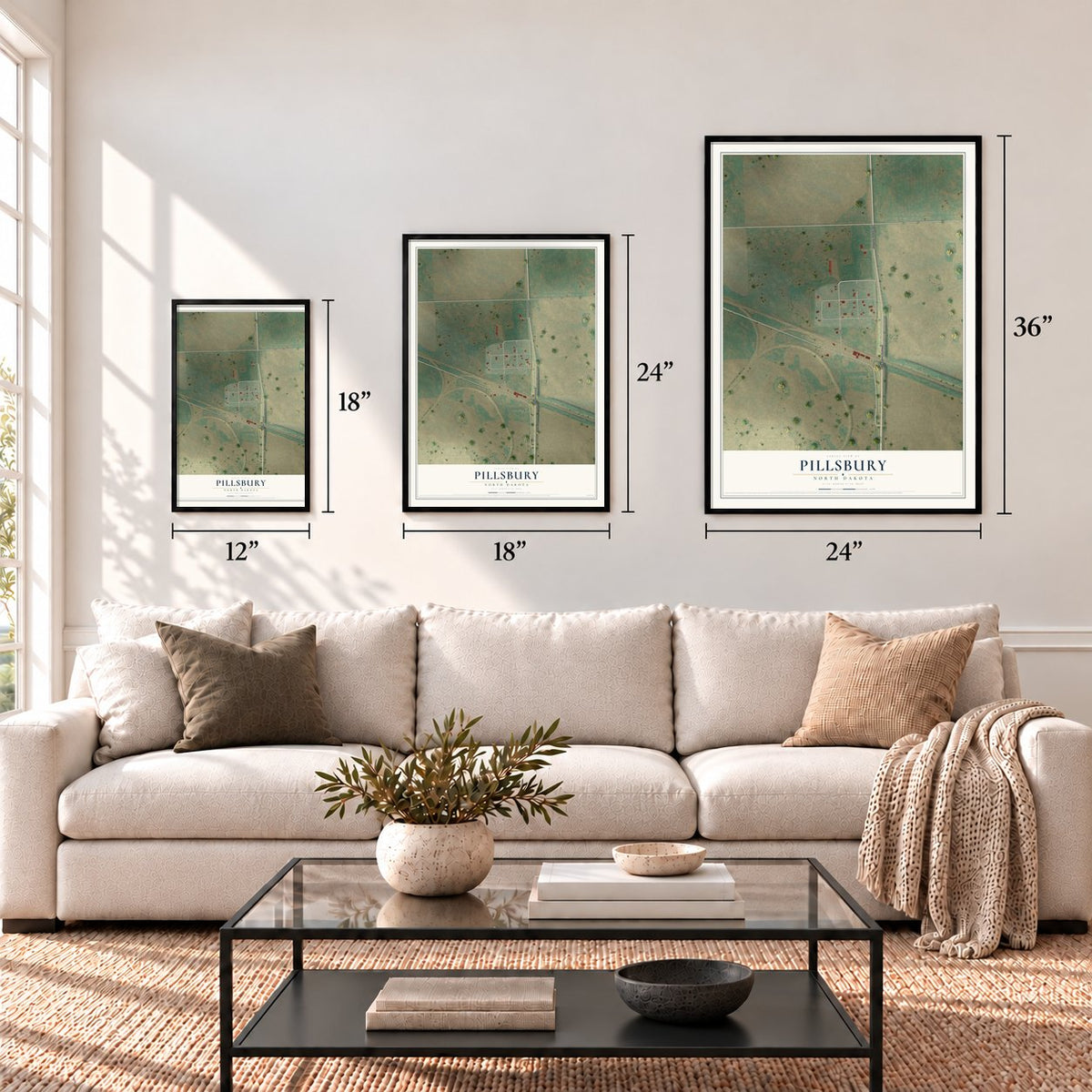 Pillsbury, North Dakota map in 12 x 18, 18 x 24 and 24 x 36 inch sizes above a sofa