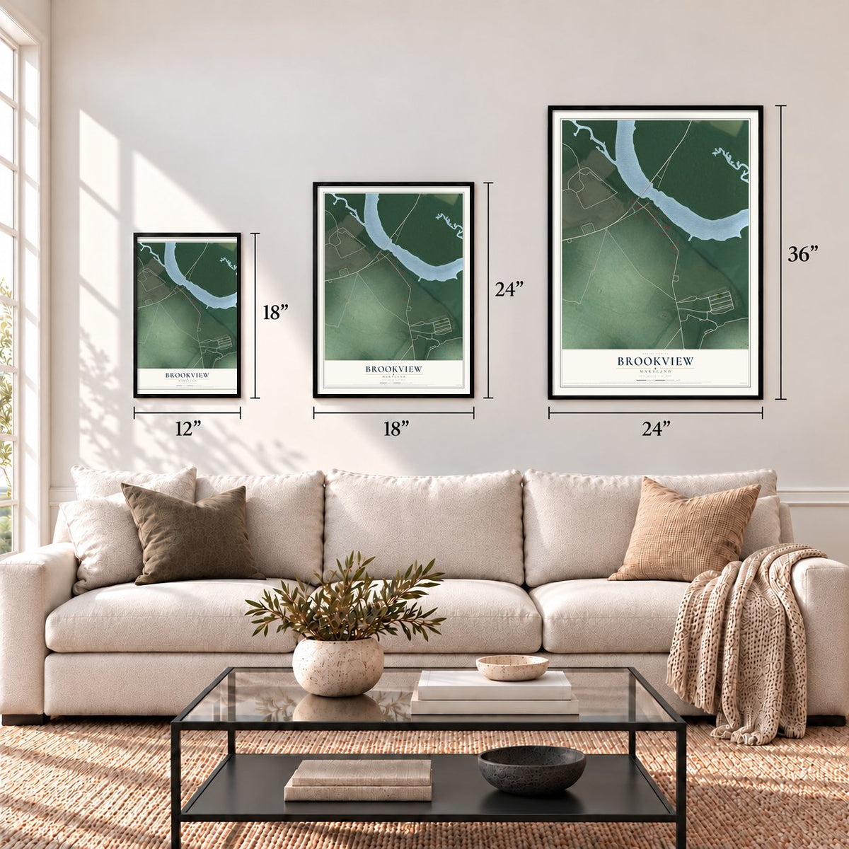 Brookview, Maryland map in 12 x 18, 18 x 24 and 24 x 36 inch sizes above a sofa