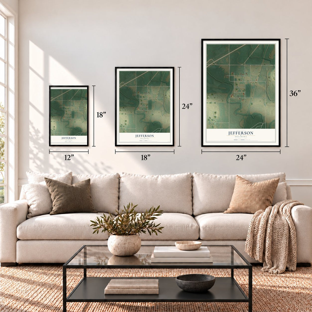Jefferson, Oklahoma map in 12 x 18, 18 x 24 and 24 x 36 inch sizes above a sofa