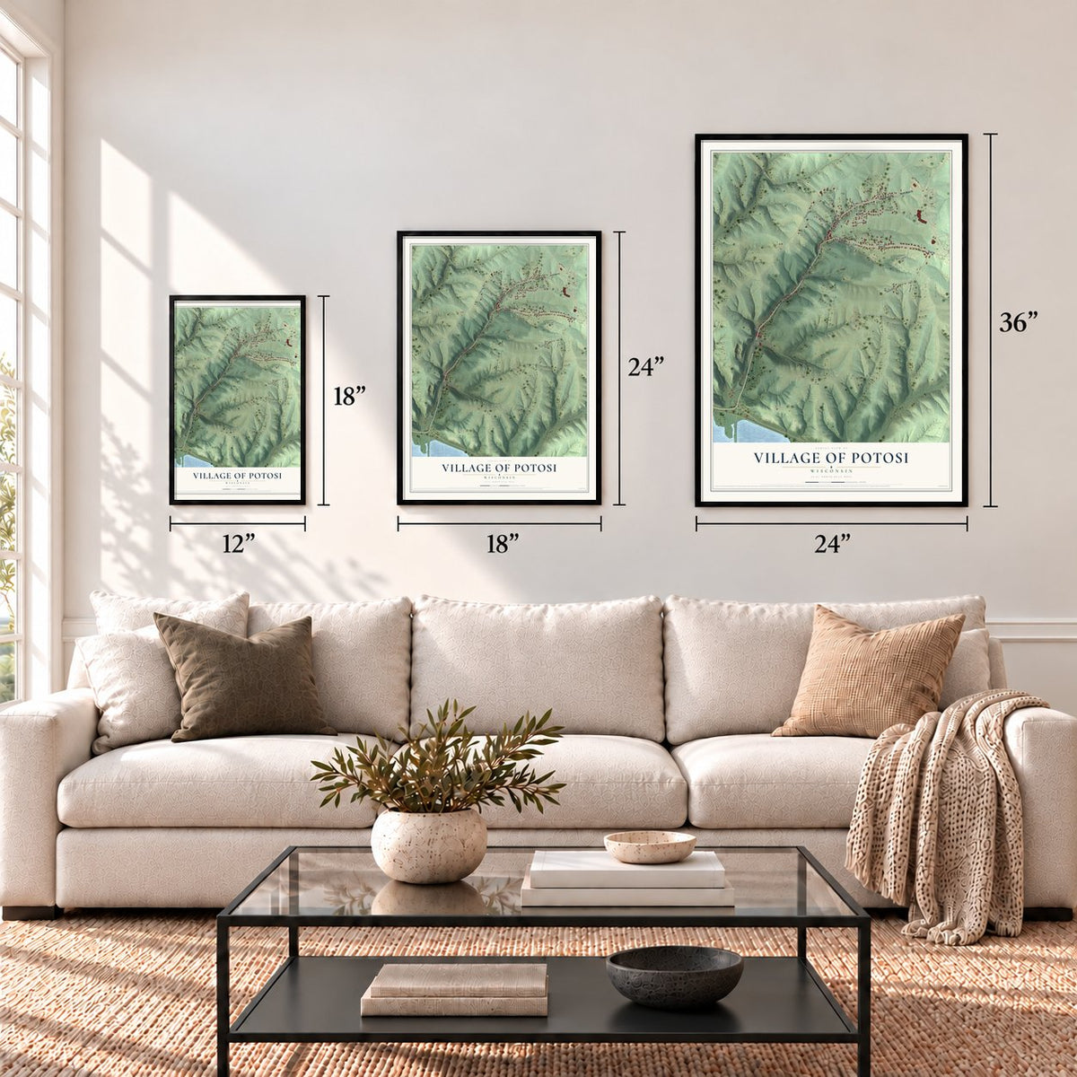 Potosi, Wisconsin map in 12 x 18, 18 x 24 and 24 x 36 inch sizes above a sofa