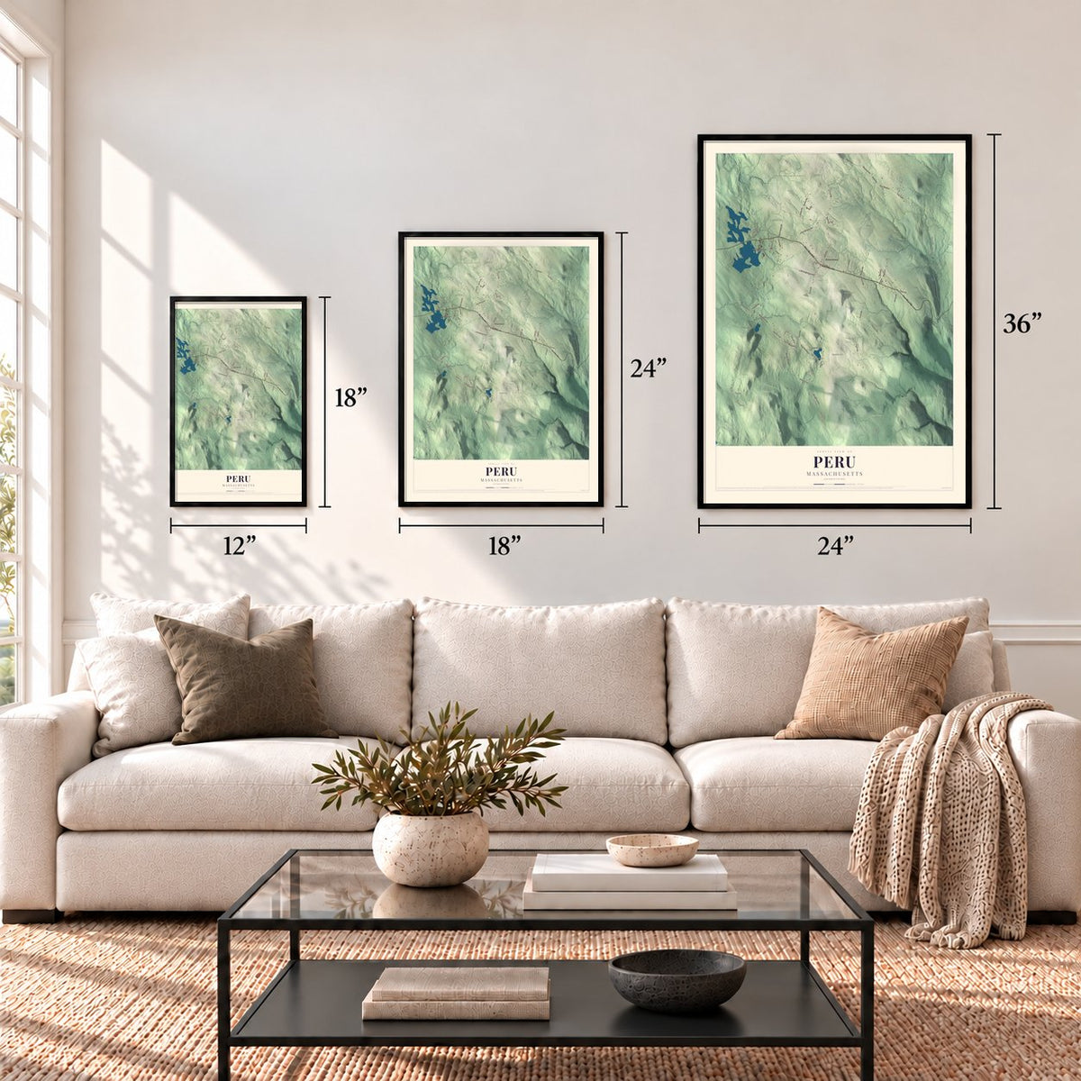 Peru, Massachusetts map in 12 x 18, 18 x 24 and 24 x 36 inch sizes above a sofa