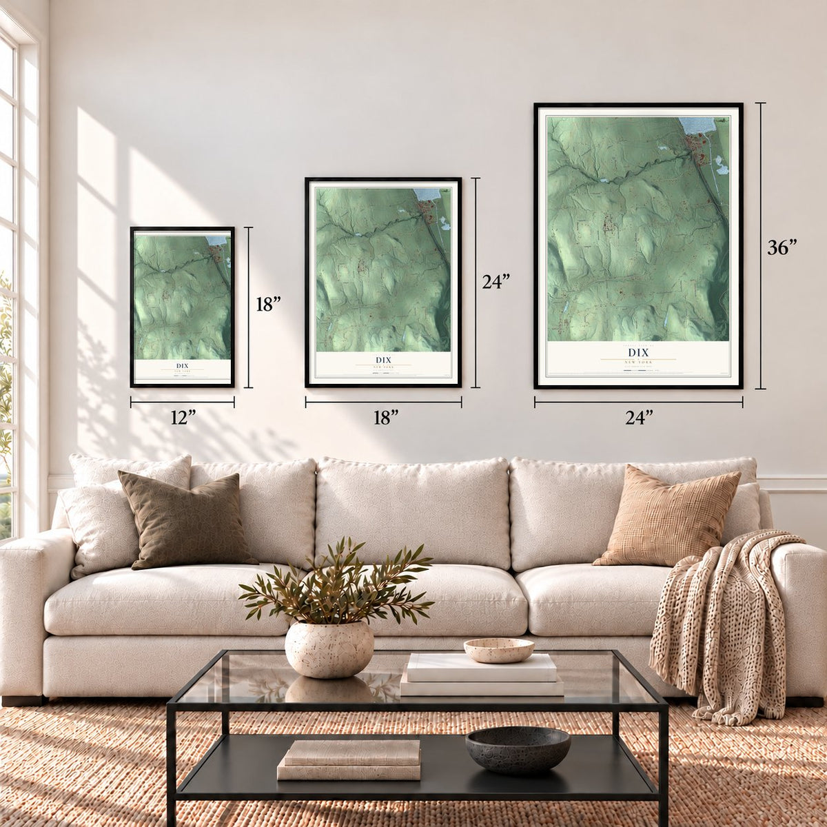 Dix, New York map in 12 x 18, 18 x 24 and 24 x 36 inch sizes above a sofa