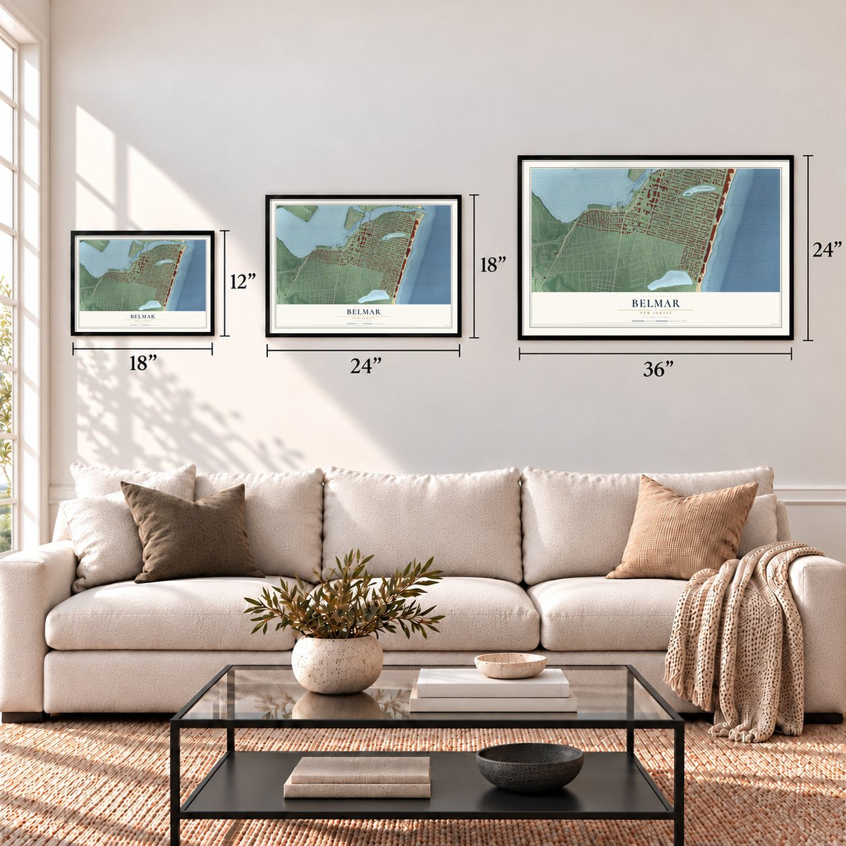 Belmar, New Jersey map in 12 x 18, 18 x 24 and 24 x 36 inch sizes above a sofa