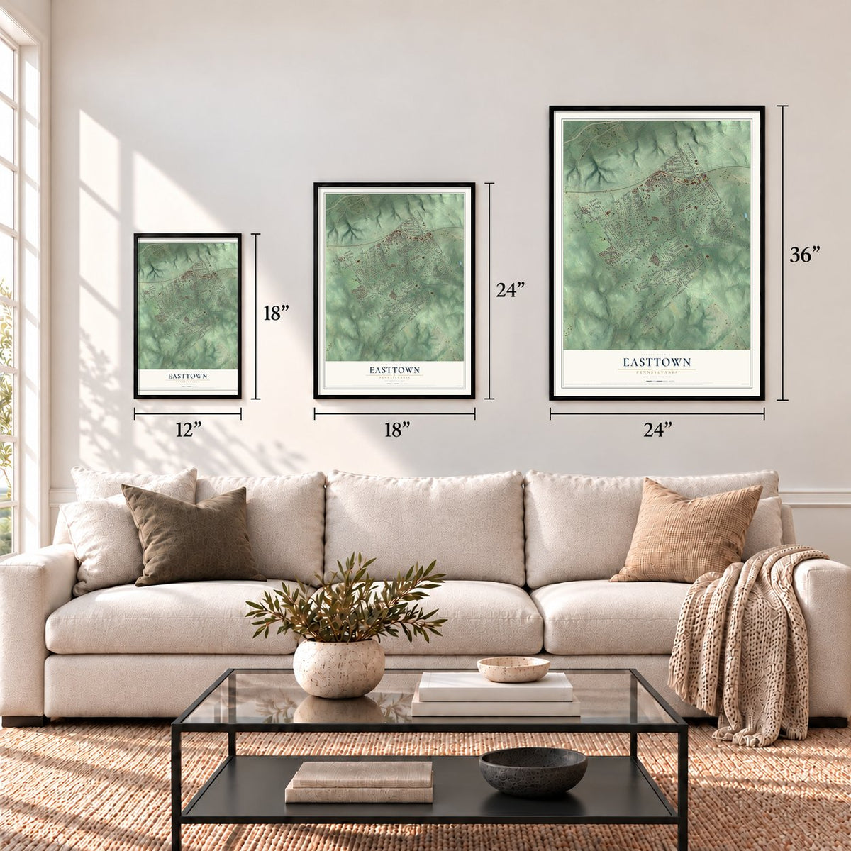 Easttown, Pennsylvania map in 12 x 18, 18 x 24 and 24 x 36 inch sizes above a sofa