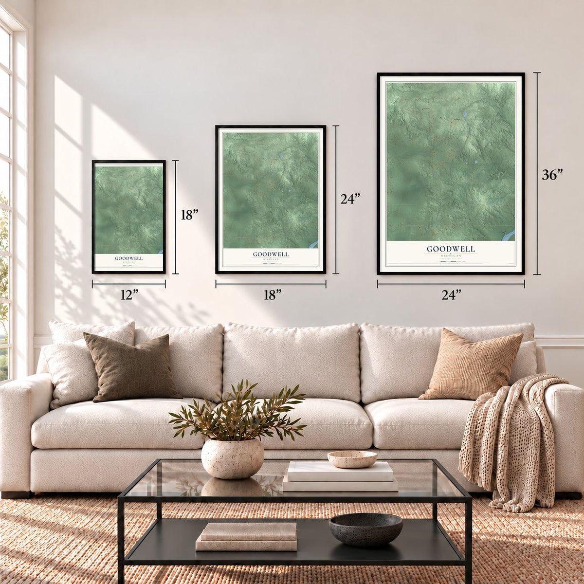 Goodwell, Michigan map in 12 x 18, 18 x 24 and 24 x 36 inch sizes above a sofa