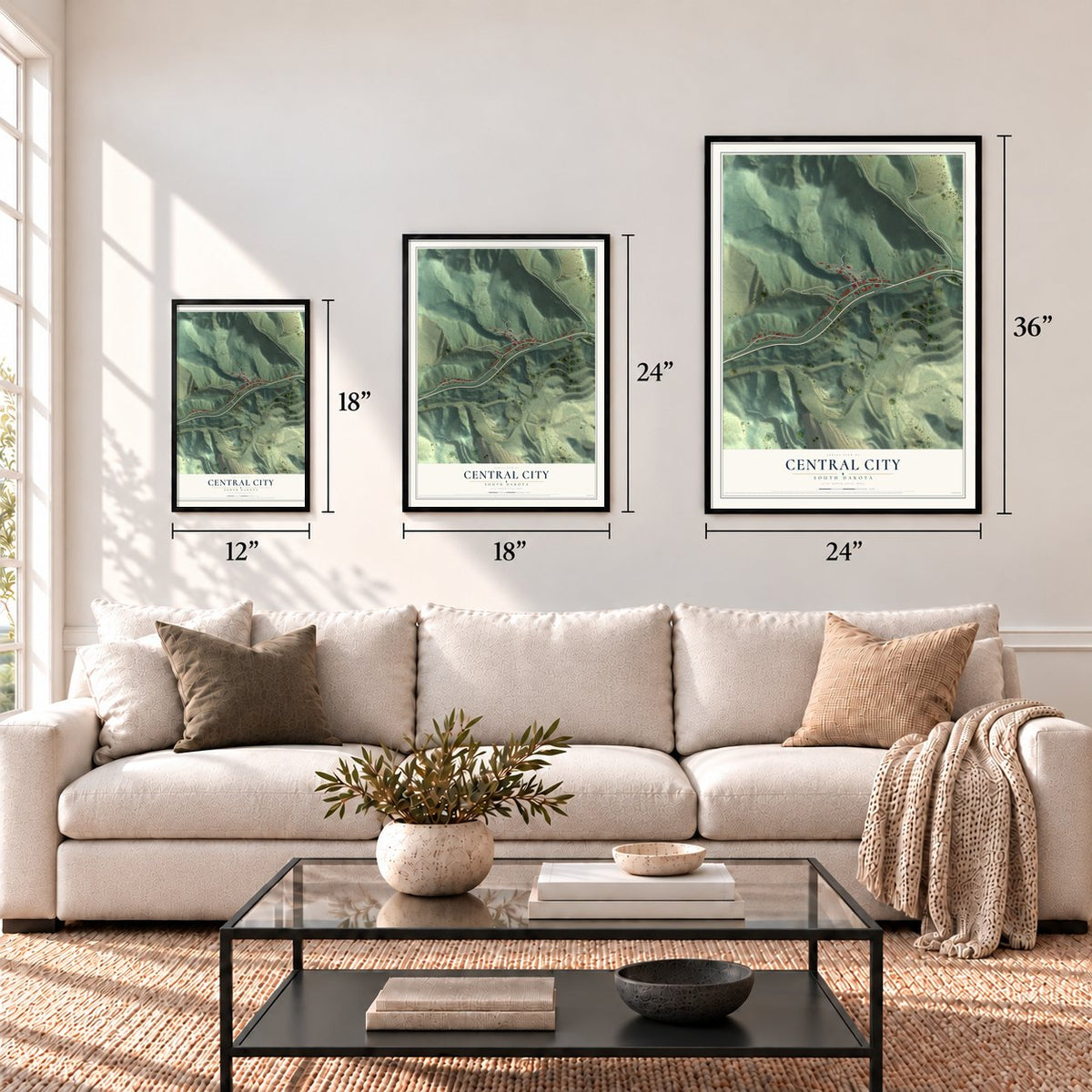 Central City, South Dakota map in 12 x 18, 18 x 24 and 24 x 36 inch sizes above a sofa
