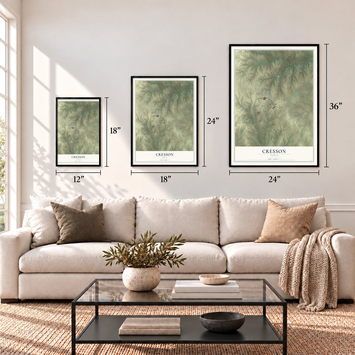 Cresson, Texas map in 12 x 18, 18 x 24 and 24 x 36 inch sizes above a sofa