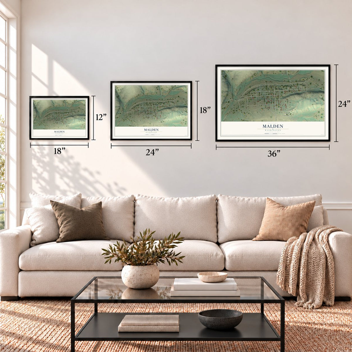 Malden, Washington map in 12 x 18, 18 x 24 and 24 x 36 inch sizes above a sofa