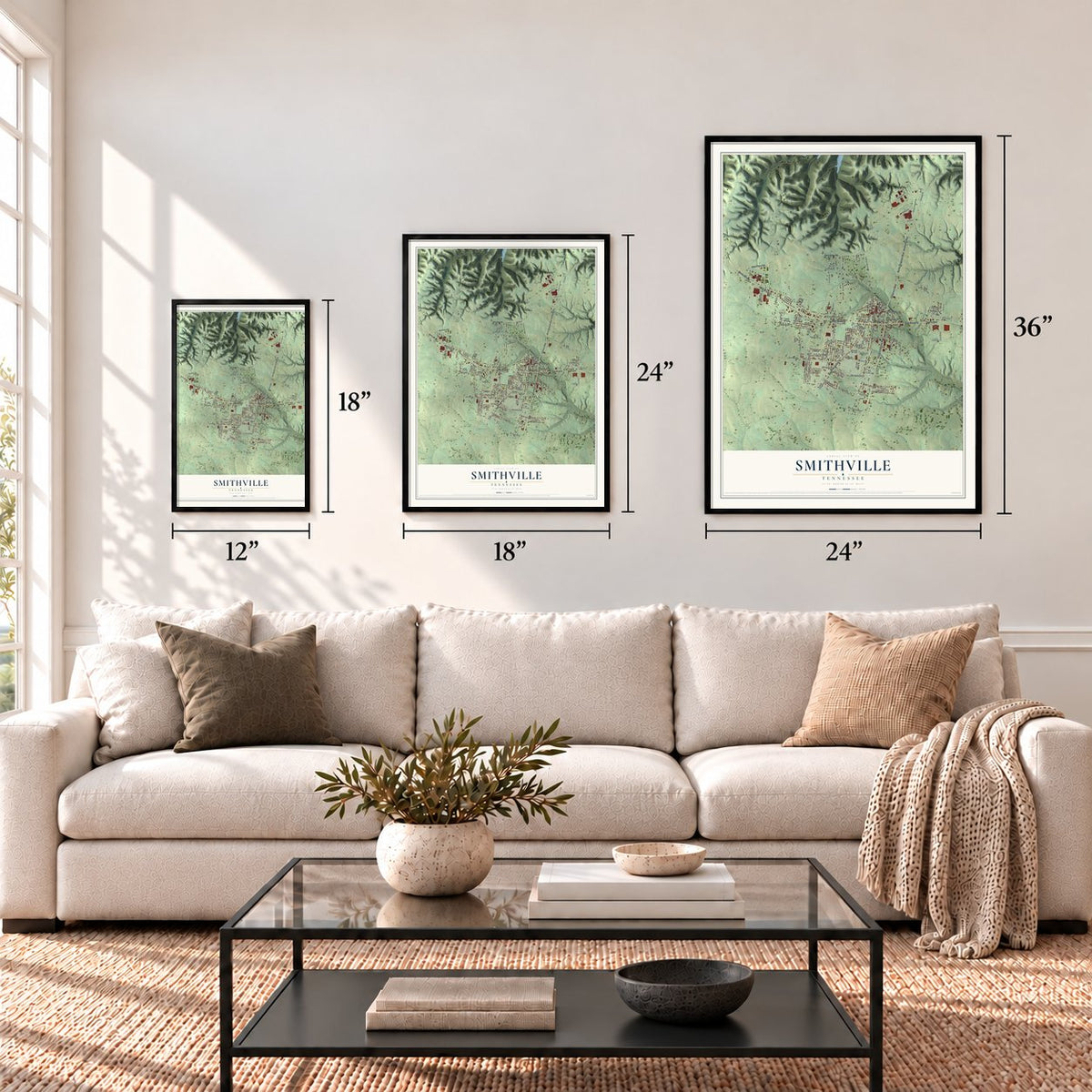 Smithville, Tennessee map in 12 x 18, 18 x 24 and 24 x 36 inch sizes above a sofa