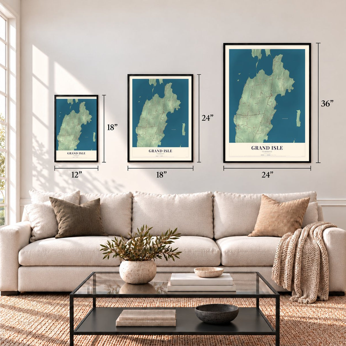 Grand Isle, Vermont map in 12 x 18, 18 x 24 and 24 x 36 inch sizes above a sofa