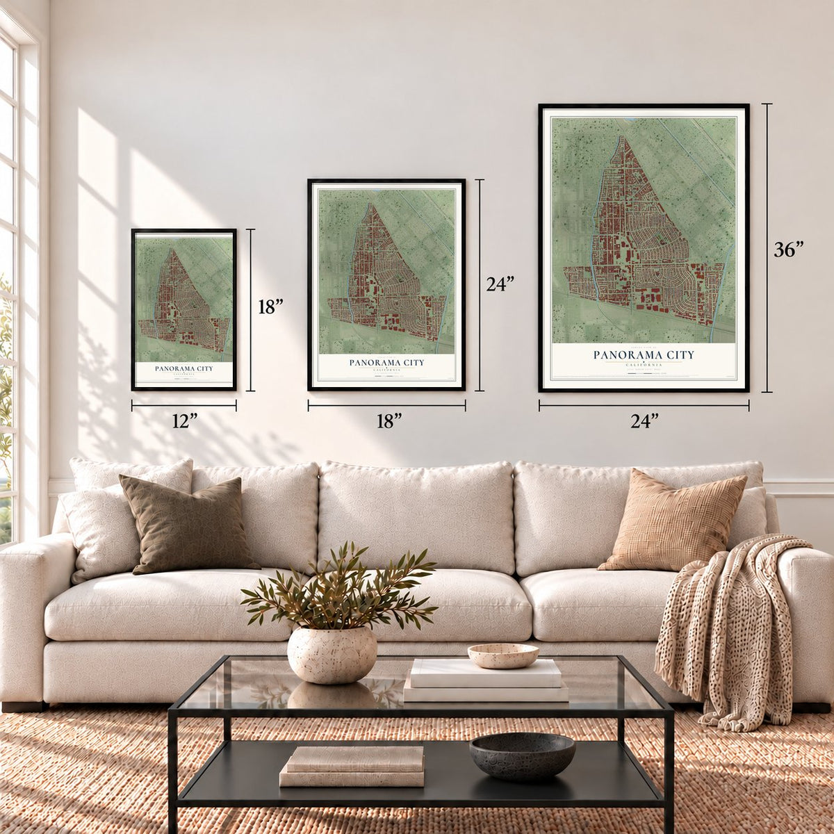 Panorama City, California map in 12 x 18, 18 x 24 and 24 x 36 inch sizes above a sofa