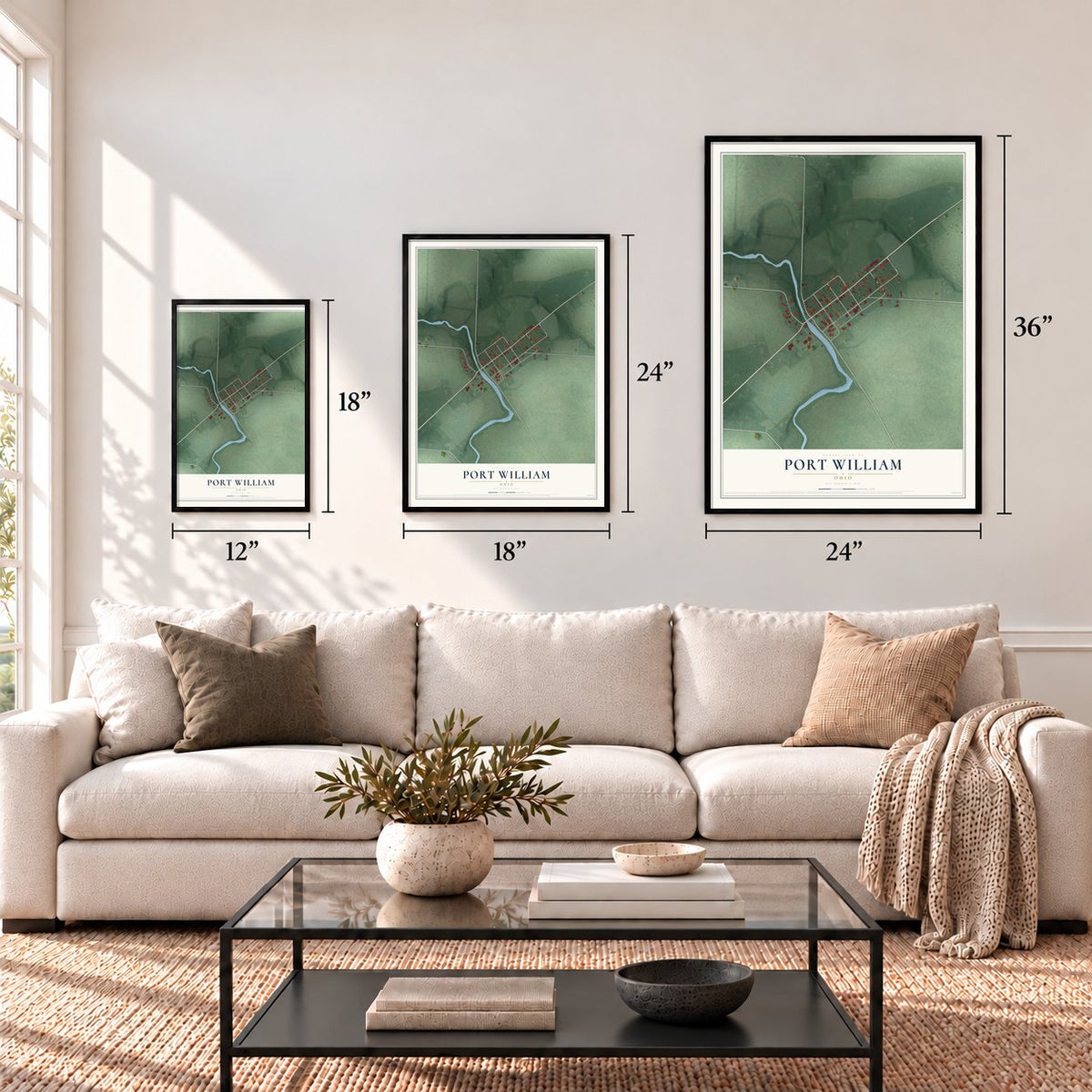 Port William, Ohio map in 12 x 18, 18 x 24 and 24 x 36 inch sizes above a sofa