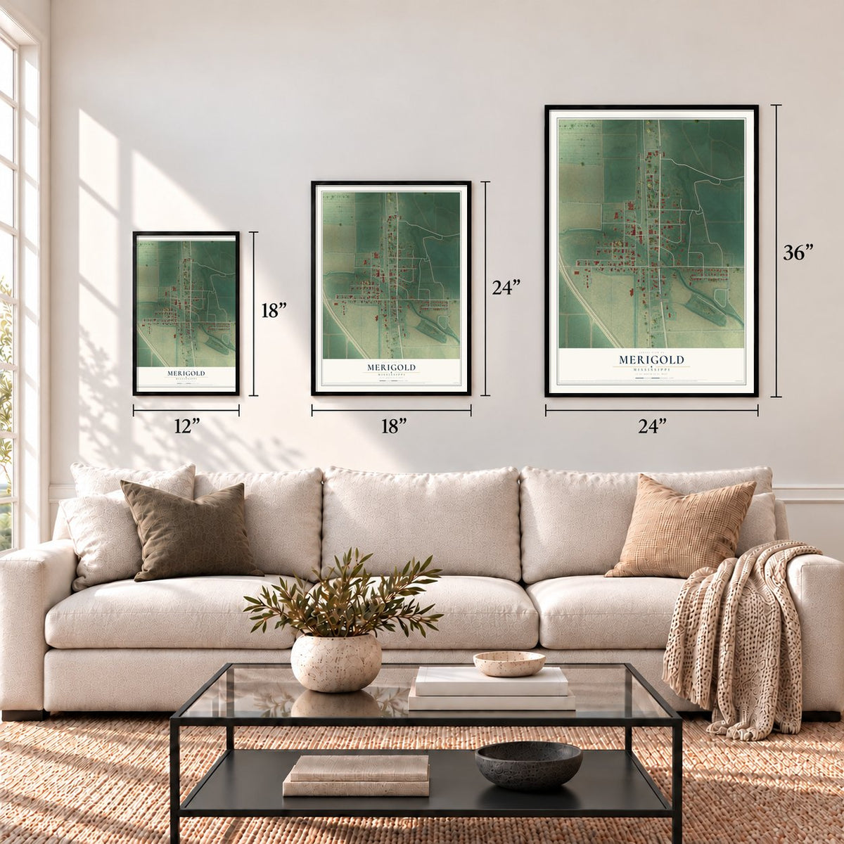 Merigold, Mississippi map in 12 x 18, 18 x 24 and 24 x 36 inch sizes above a sofa