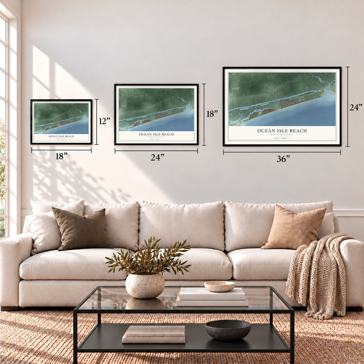 Ocean Isle Beach, North Carolina map in 12 x 18, 18 x 24 and 24 x 36 inch sizes above a sofa