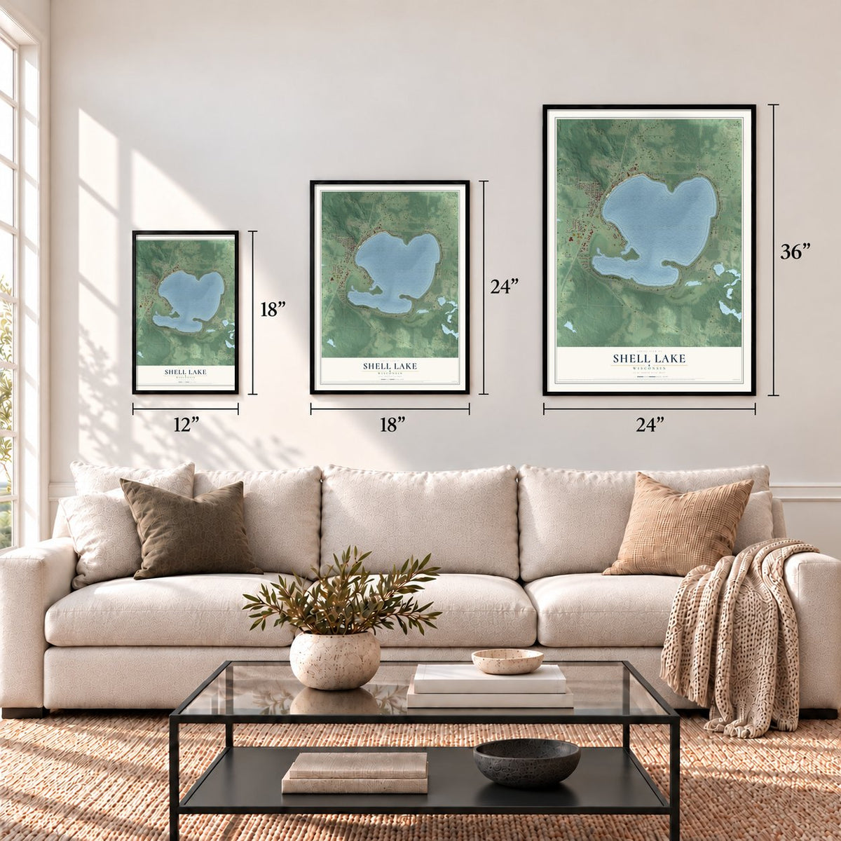 Shell Lake, Wisconsin map in 12 x 18, 18 x 24 and 24 x 36 inch sizes above a sofa