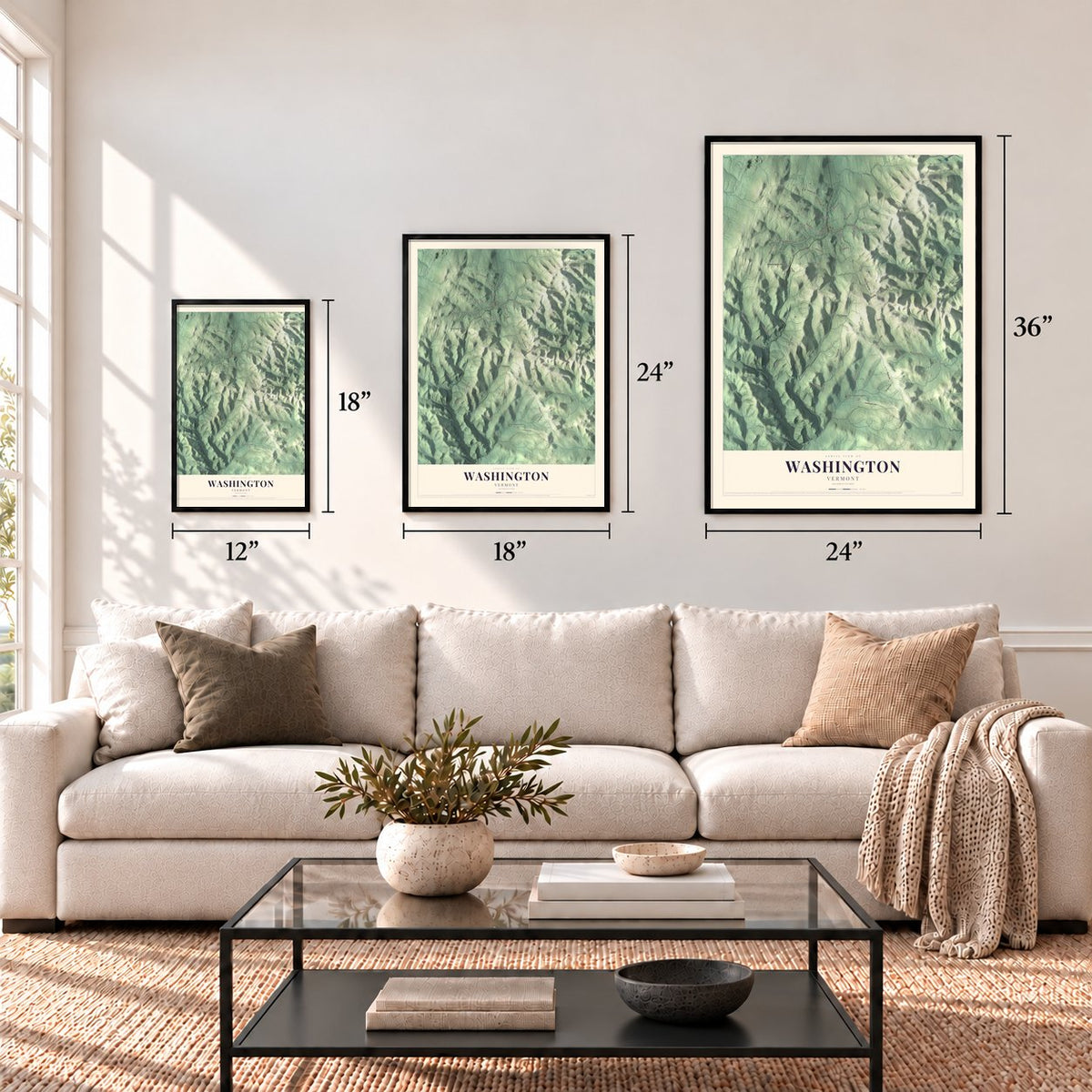 Washington, Vermont map in 12 x 18, 18 x 24 and 24 x 36 inch sizes above a sofa