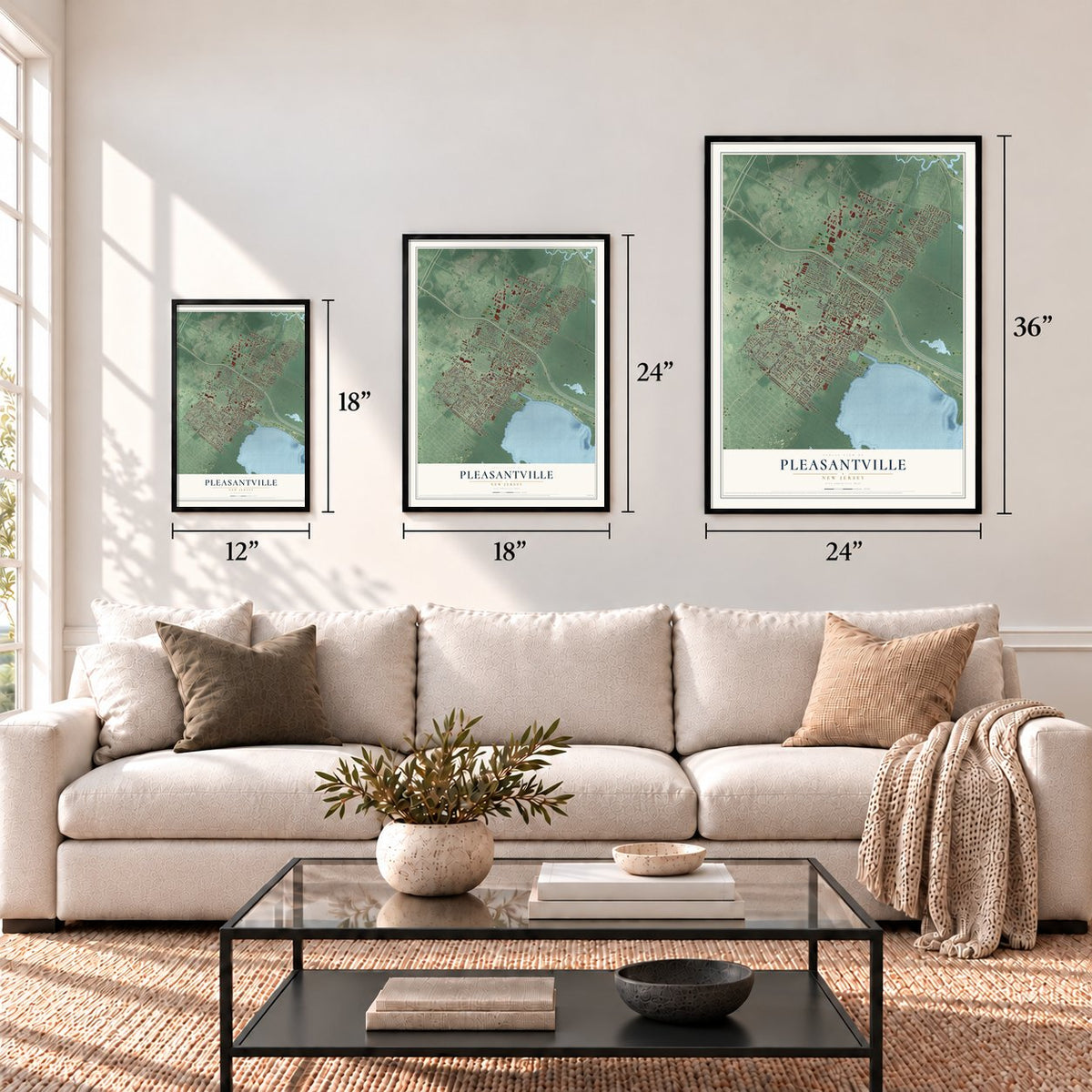 Pleasantville, New Jersey map in 12 x 18, 18 x 24 and 24 x 36 inch sizes above a sofa