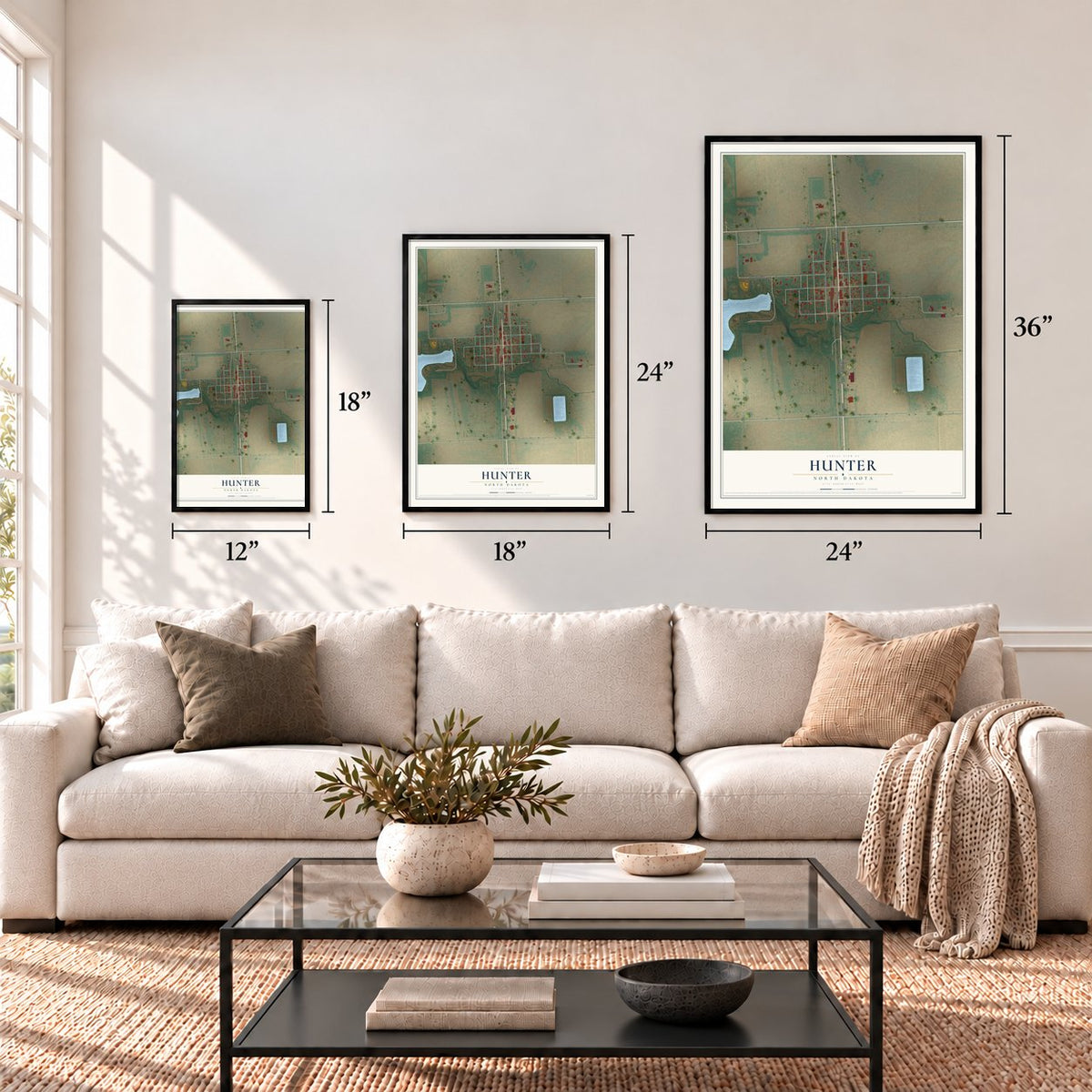 Hunter, North Dakota map in 12 x 18, 18 x 24 and 24 x 36 inch sizes above a sofa