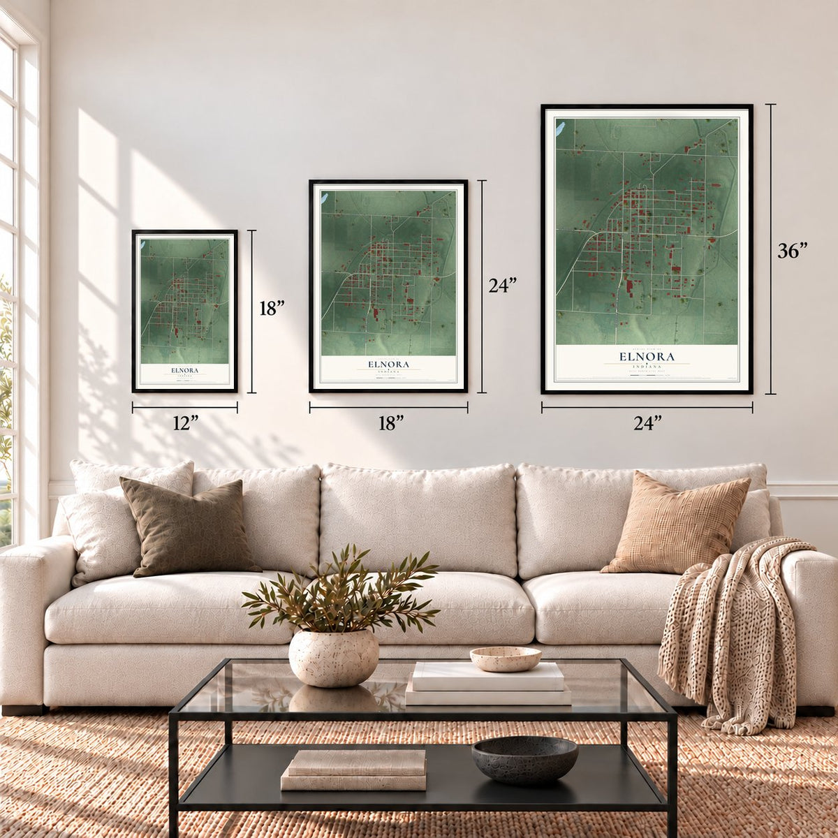 Elnora, Indiana map in 12 x 18, 18 x 24 and 24 x 36 inch sizes above a sofa
