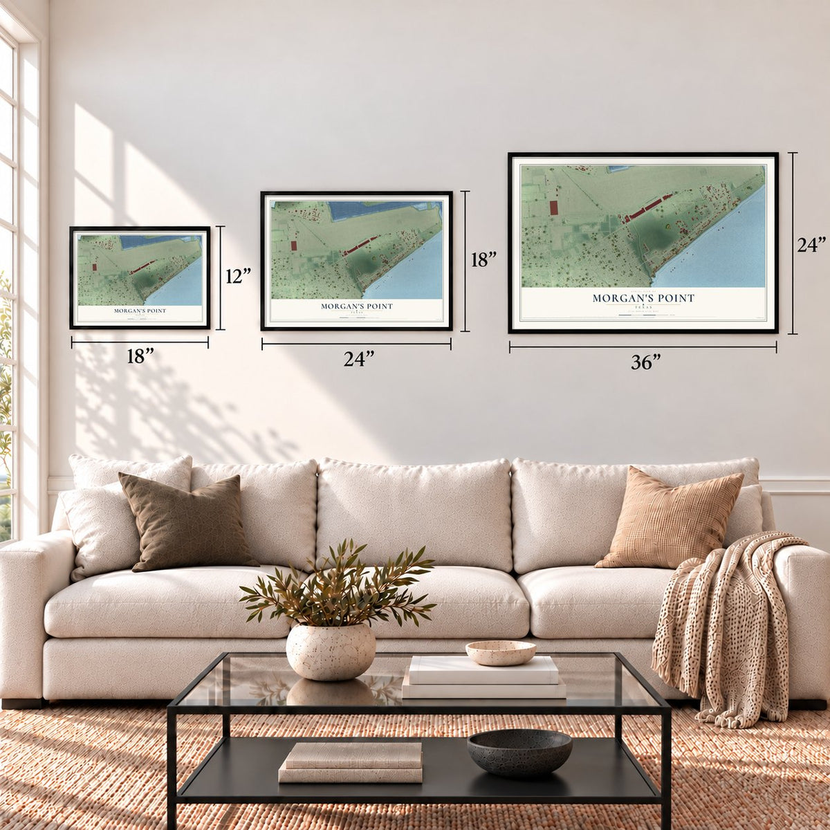 Morgan's Point, Texas map in 12 x 18, 18 x 24 and 24 x 36 inch sizes above a sofa
