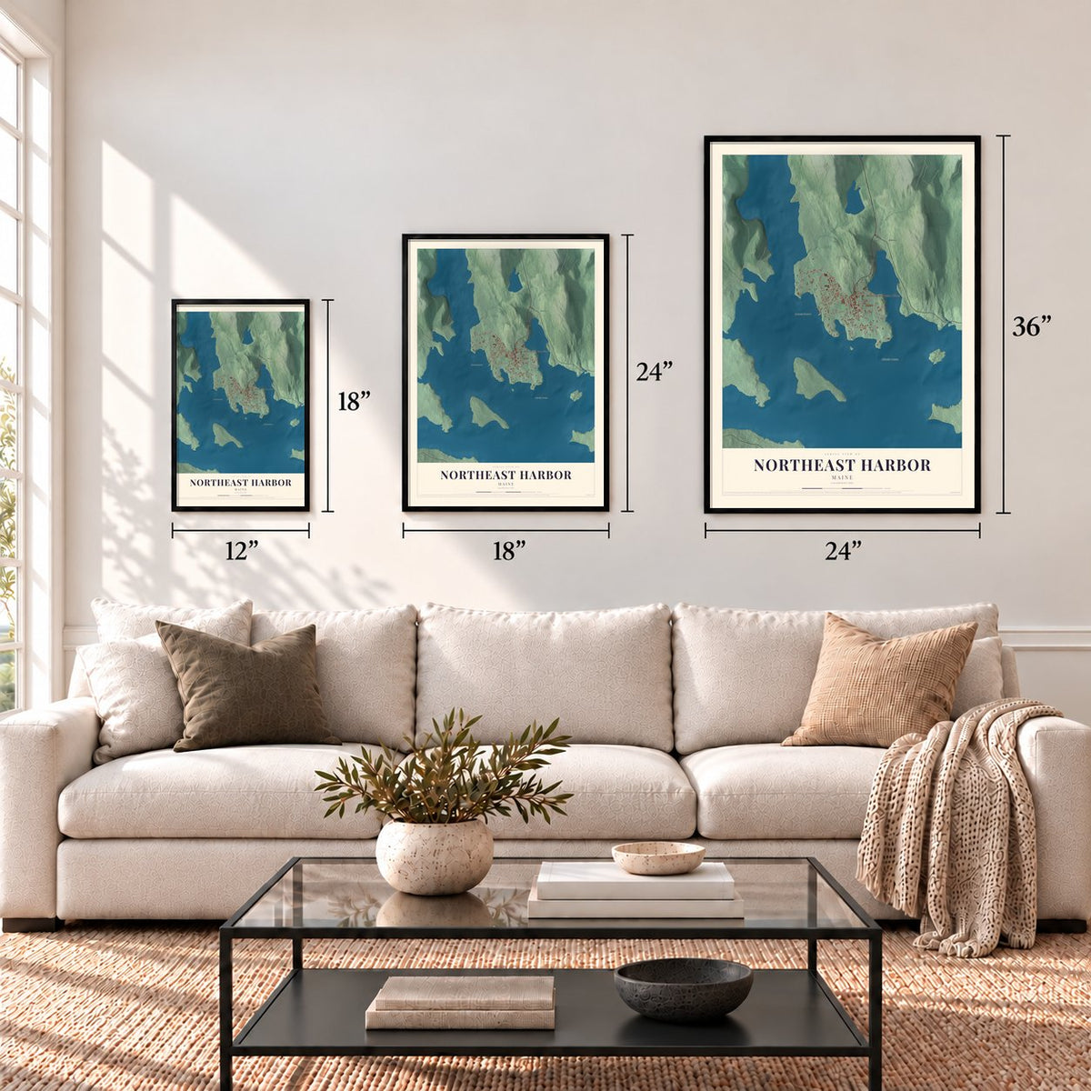 Northeast Harbor, Maine map in 12 x 18, 18 x 24 and 24 x 36 inch sizes above a sofa