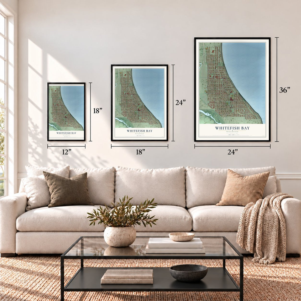 Whitefish Bay, Wisconsin map in 12 x 18, 18 x 24 and 24 x 36 inch sizes above a sofa