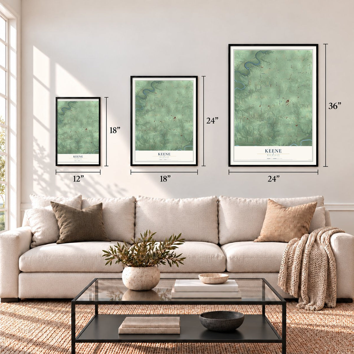 Keene, Michigan map in 12 x 18, 18 x 24 and 24 x 36 inch sizes above a sofa