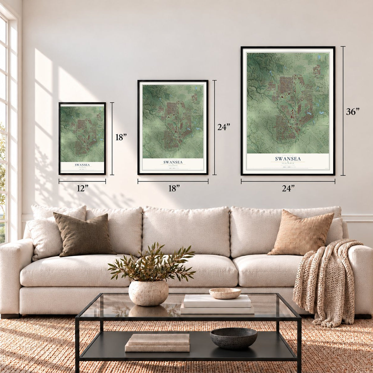 Swansea, Illinois map in 12 x 18, 18 x 24 and 24 x 36 inch sizes above a sofa