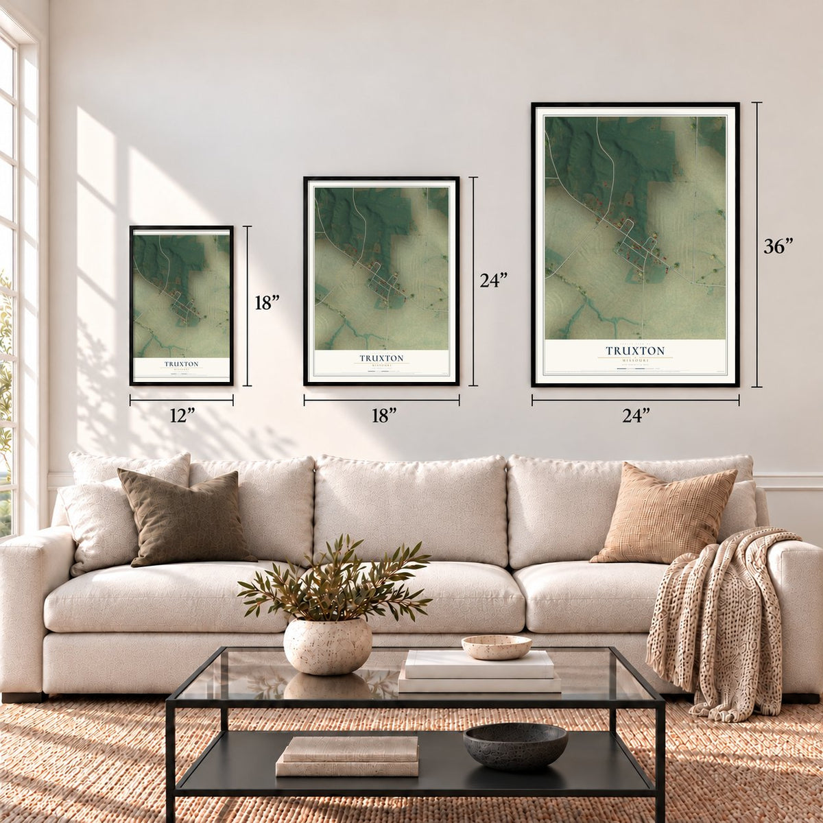 Truxton, Missouri map in 12 x 18, 18 x 24 and 24 x 36 inch sizes above a sofa