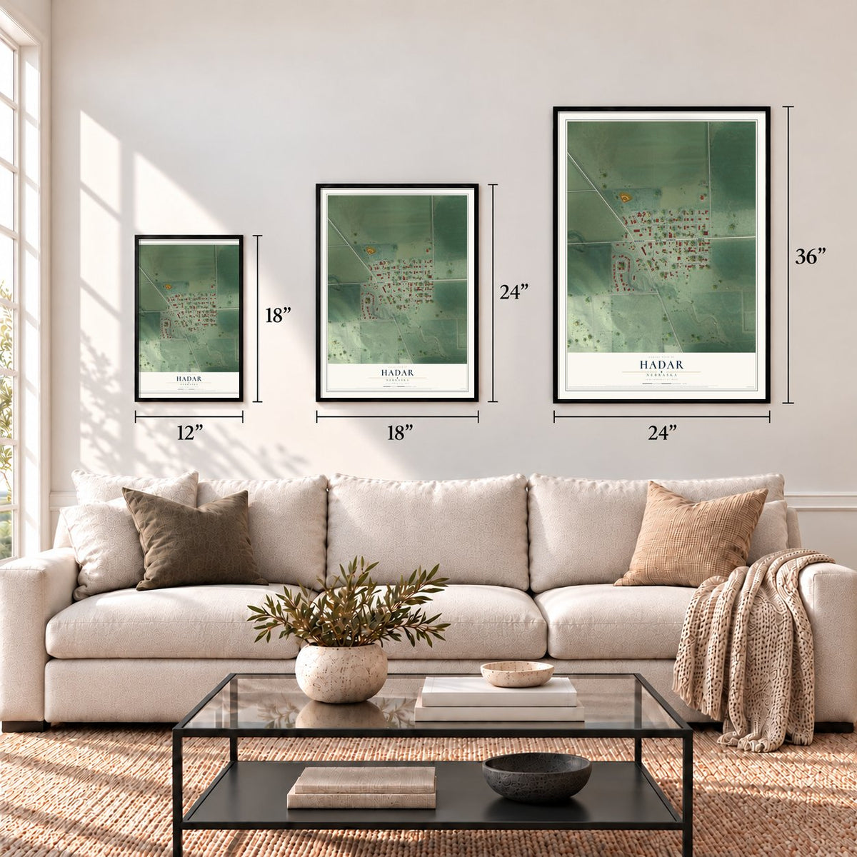 Hadar, Nebraska map in 12 x 18, 18 x 24 and 24 x 36 inch sizes above a sofa