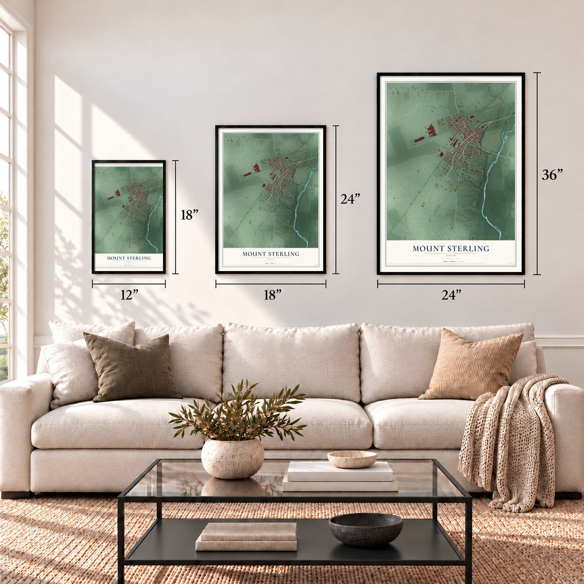 Mount Sterling, Ohio map in 12 x 18, 18 x 24 and 24 x 36 inch sizes above a sofa