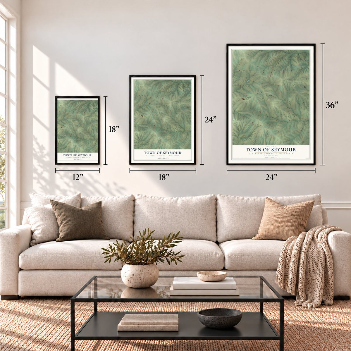 Town of Seymour, Lafayette County, Wisconsin map in 12 x 18, 18 x 24 and 24 x 36 inch sizes above a sofa