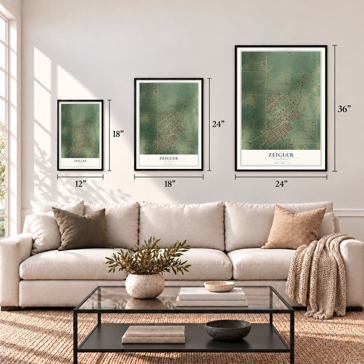 Zeigler, Illinois map in 12 x 18, 18 x 24 and 24 x 36 inch sizes above a sofa