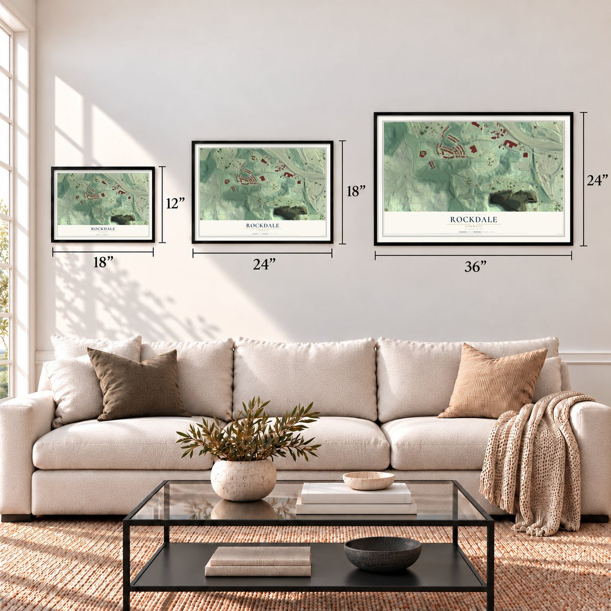 Rockdale, Georgia map in 12 x 18, 18 x 24 and 24 x 36 inch sizes above a sofa