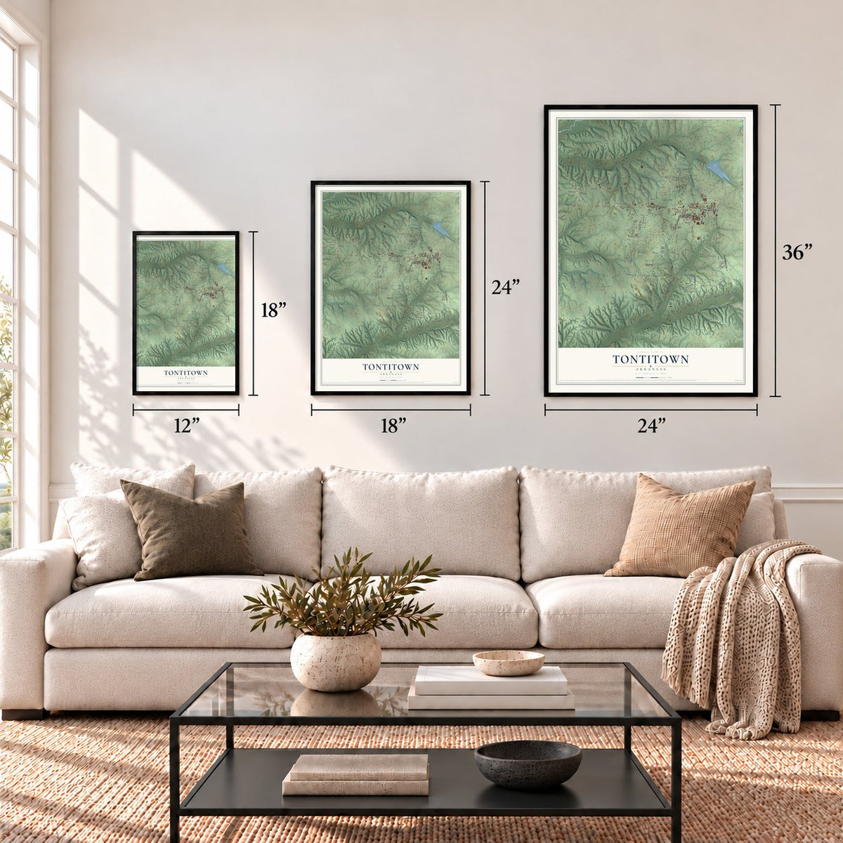 Tontitown, Arkansas map in 12 x 18, 18 x 24 and 24 x 36 inch sizes above a sofa