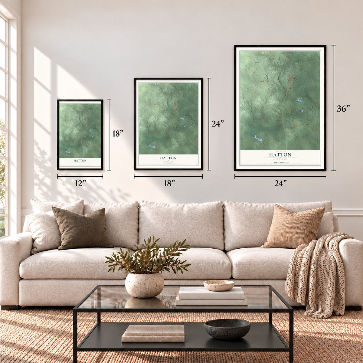 Hatton, Michigan map in 12 x 18, 18 x 24 and 24 x 36 inch sizes above a sofa