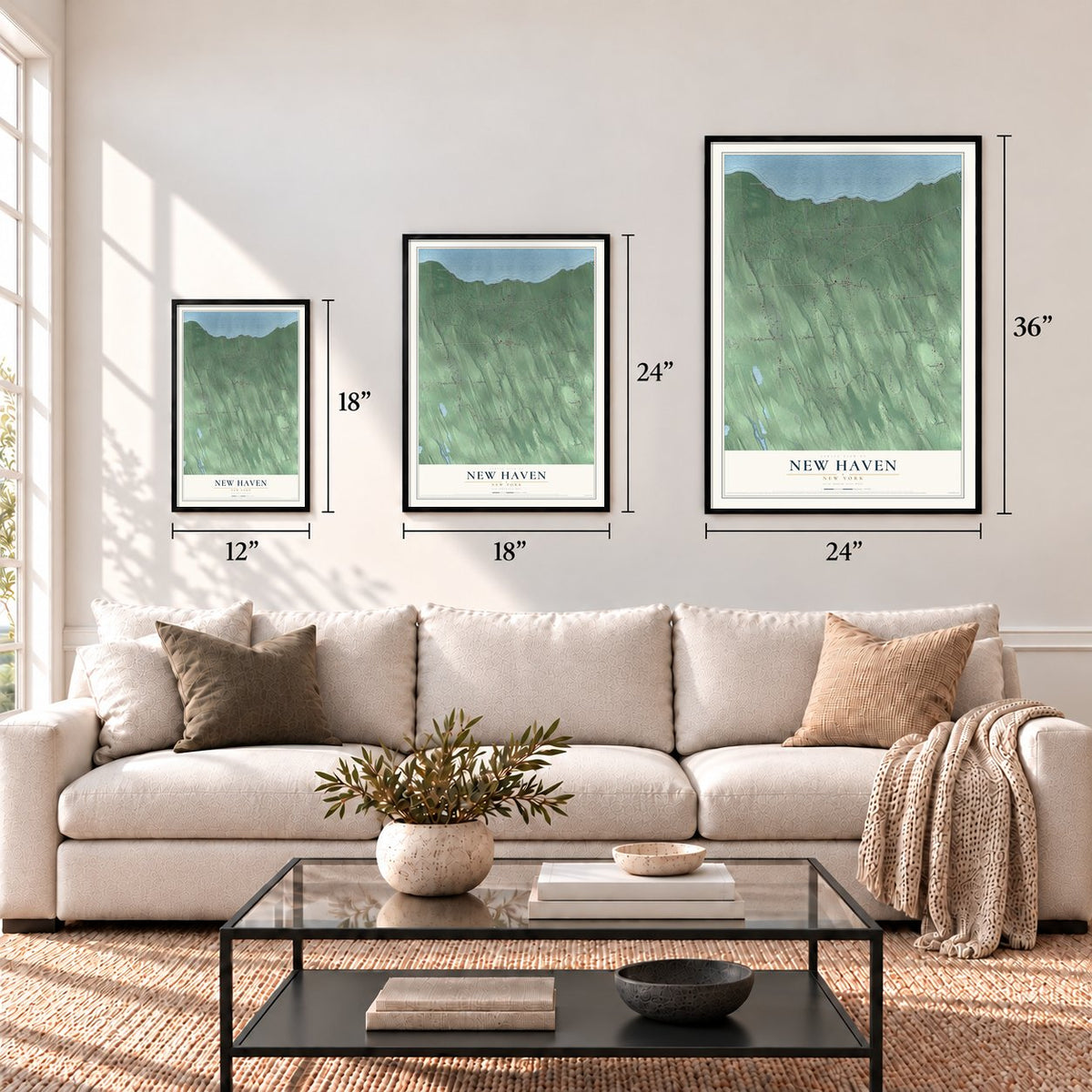 New Haven, New York map in 12 x 18, 18 x 24 and 24 x 36 inch sizes above a sofa